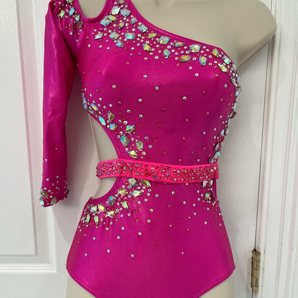 Child Large Pink One-Shoulder Embellished Dance Costume